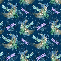 Dark Blue - Crescent Moons with Dragonflies & Flowers